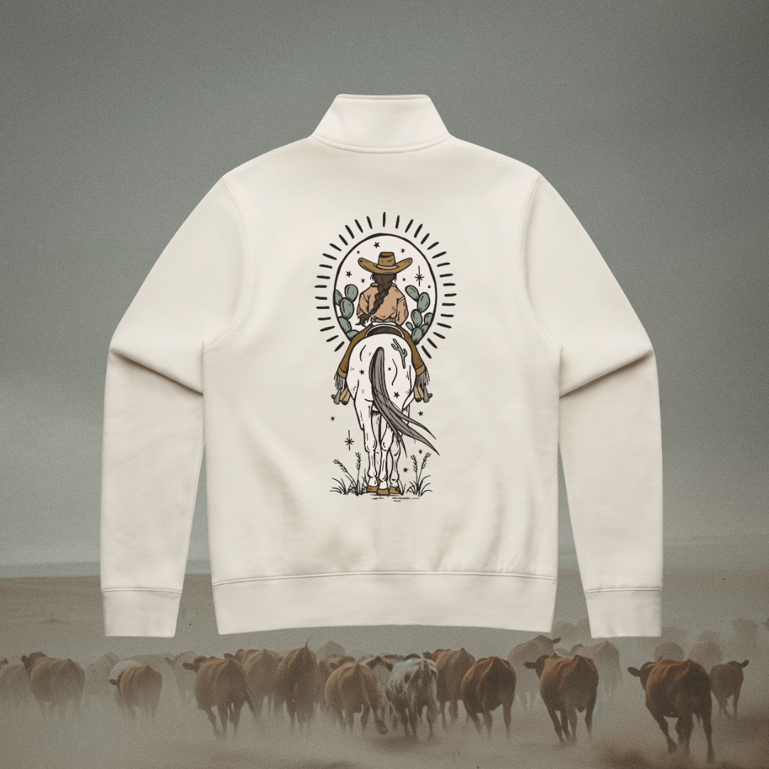 Boho Brunette Cowgirl Ladies Quarter Zip Sweater