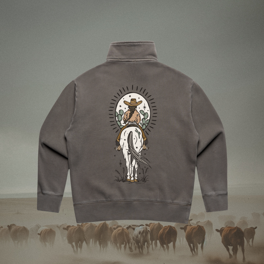 Boho Brunette Cowgirl Ladies Quarter Zip Sweater