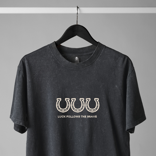 Stone Wash Heavy Cotton 'Luck Follows The Brave' T-Shirt